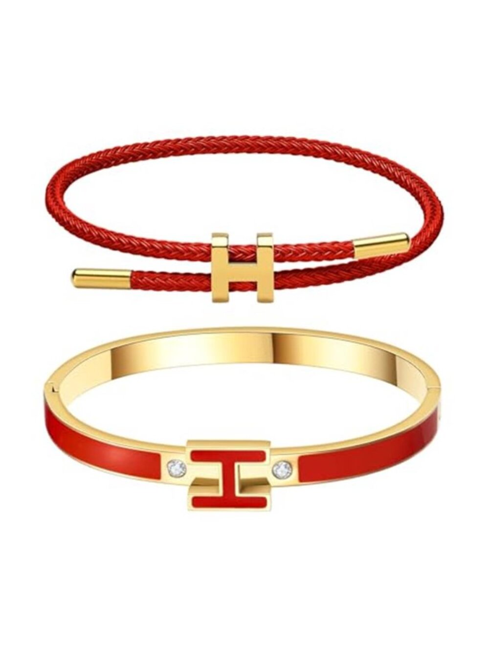 18K Gold H Bracelet Set for Women – Bangle & Adjustable Rope Bracelet